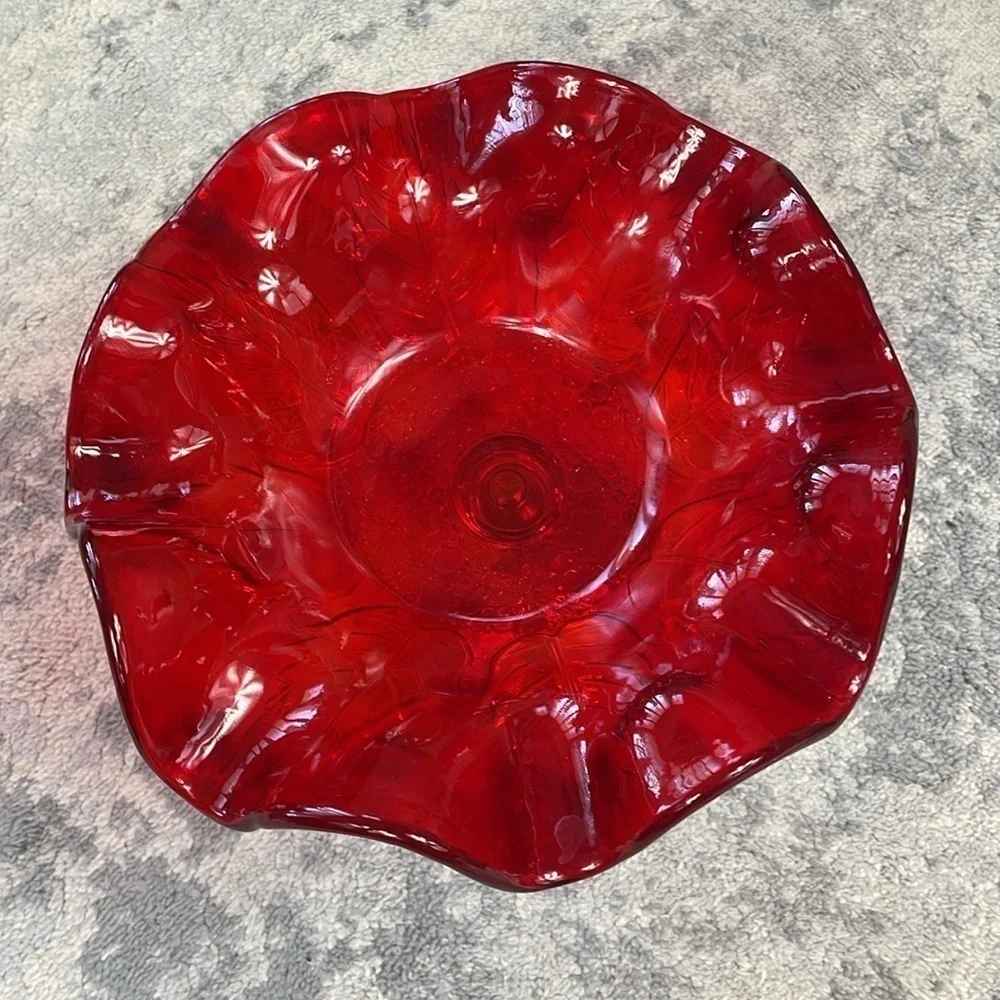 Red Leaf Imprint Ruffled Footed Glass Candy Dish Stand Clear